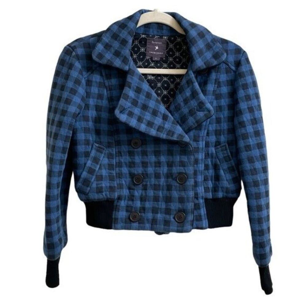 Forever 21 Blue Black Plaid Checkered Bomber Jacket Size Small